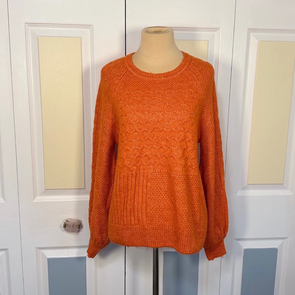 Cabi Sunday Sweater 4038 Orange Mixed Knit Cable Honeycomb Pullover Womens XS